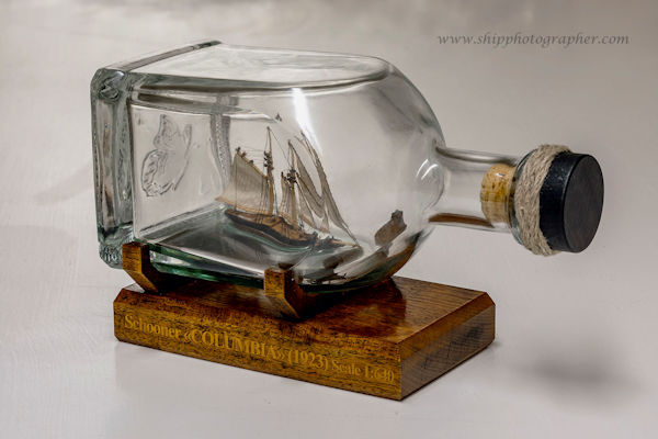 Image of Schooner Columbia (1923) A model-in-bottle made from drawings (Scale 1:640)